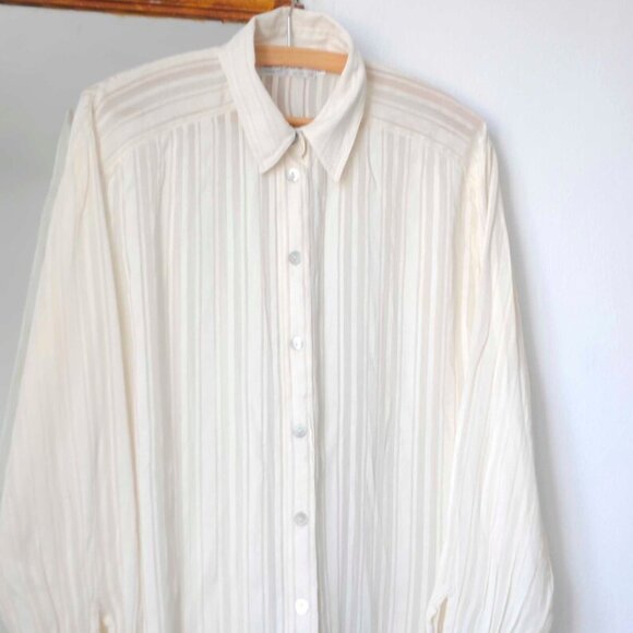 Vintage Silk Sheer Stripe Button Down Shirt _ Cream Silk Long Sleeve Women - Picture 1 of 9